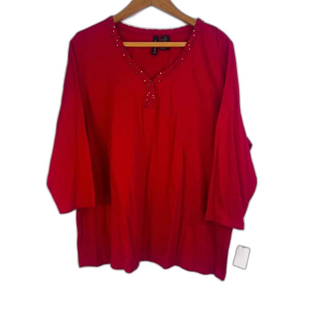 Jason Maxwell NWT Red Cotton Wood Beaded Collar Top Plus Size 2X